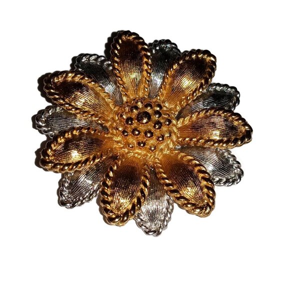 1960's Signed Napier Sunflower Brooch in Gold Tone and Rhodium Plated Metal - Picture 1 of 6